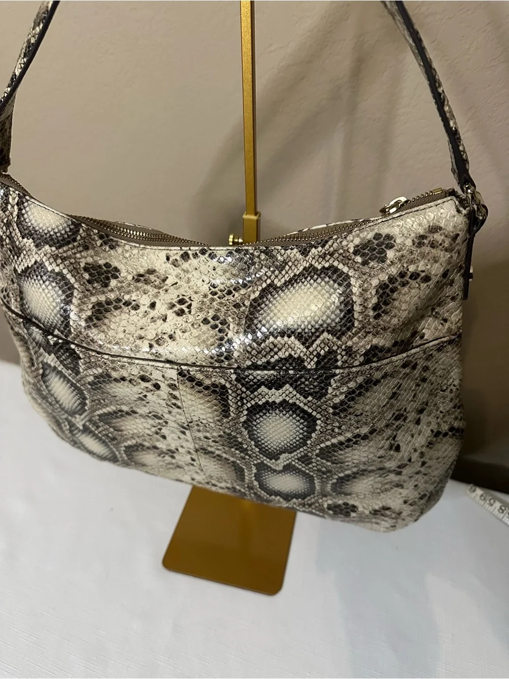 Snake-Print Hobo Shoulder Bag in Beige and Black
